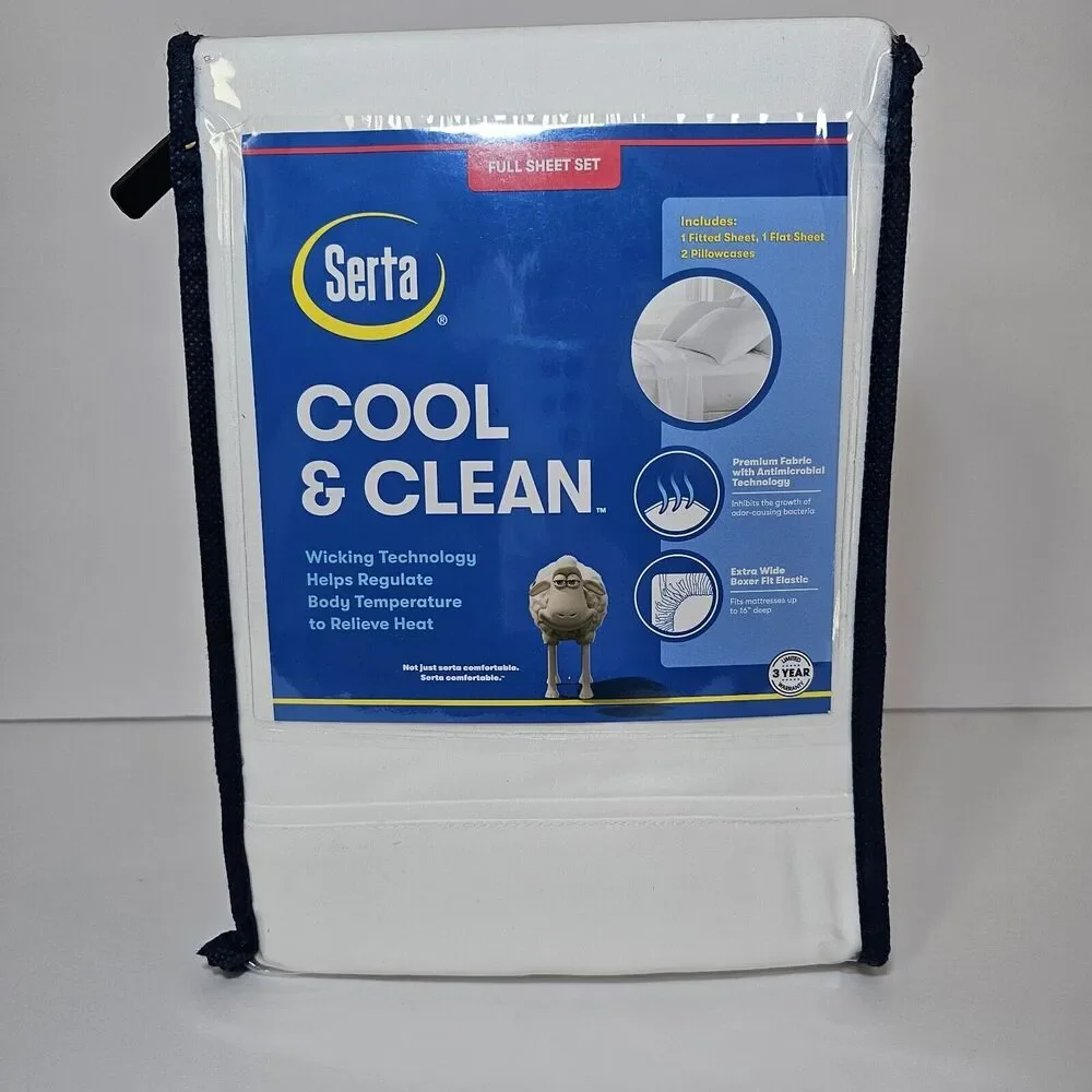 Serta Perfect Sleeper Cool & Clean  Full Sheet Set 4 pc Wide Boxer Hem White New - Picture 3 of 6